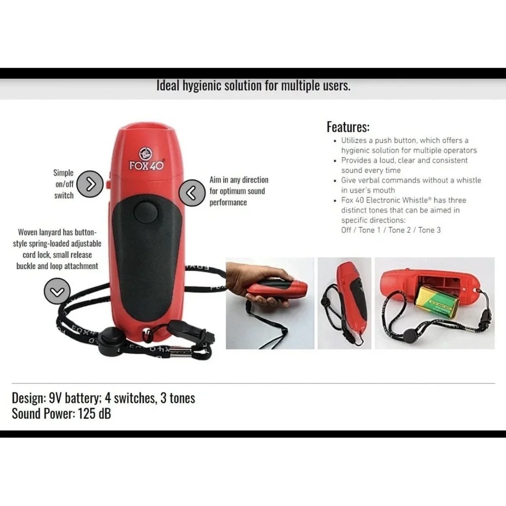 Fox 40 Electronic Whistle With Wrist Loop Lanyard And 9 Volt Battery Red New